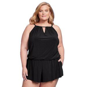 Aqua Green Size 24 3X Black High Neck Swim Romper 1 Piece Swimsuit w/ Briefs